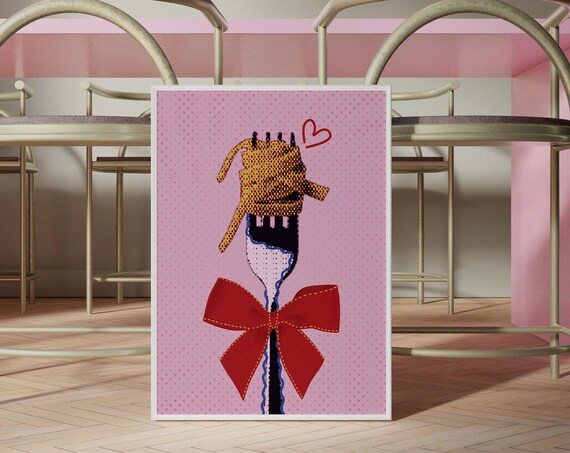 Spaghetti Fork Red Bow Pink Halftone Coquette Kitchen Art Poster