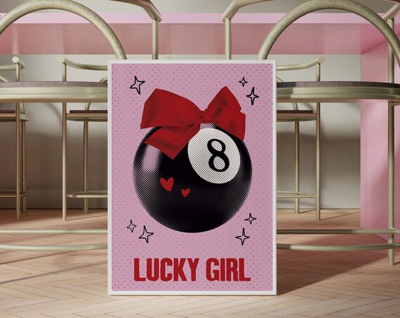 Lucky Girl Coquette Red Pink Black Poster Preppy Girly Dorm Print 8 Ball Bow Decor Retro Vintage Trendy Wall Art 70s Style 777