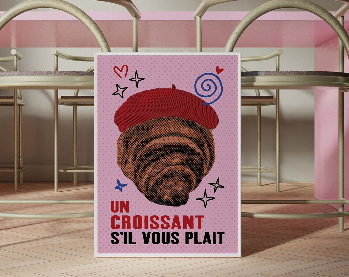 Un Croissant Sil Vous Plait Beret Pink French Bakery Quote Poster