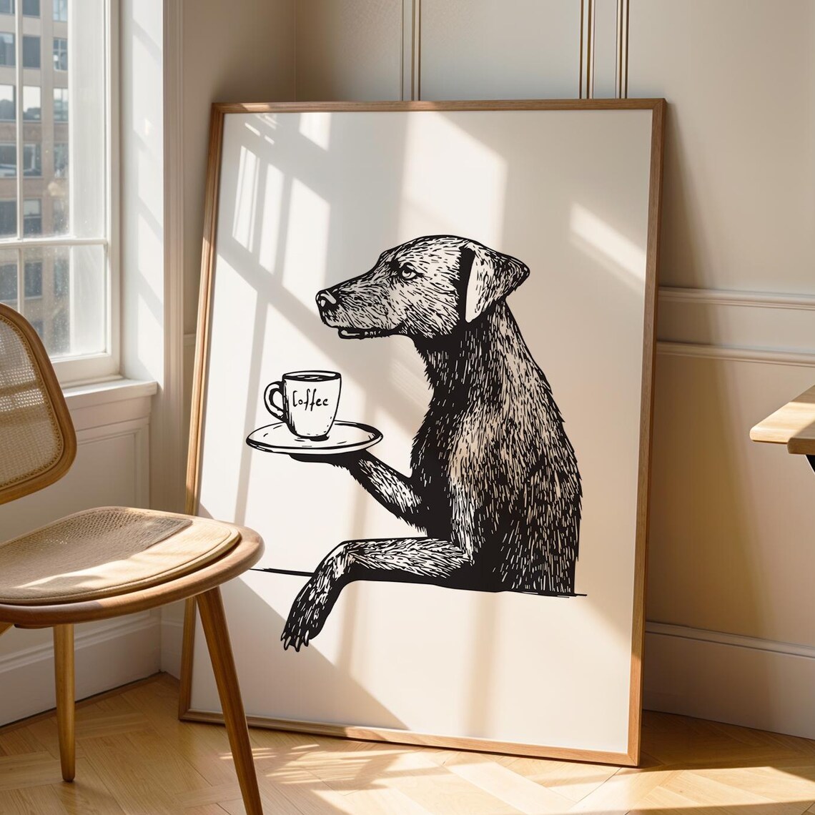 Funny Dog Coffee Art Print, Minimalist Kitchen Decor