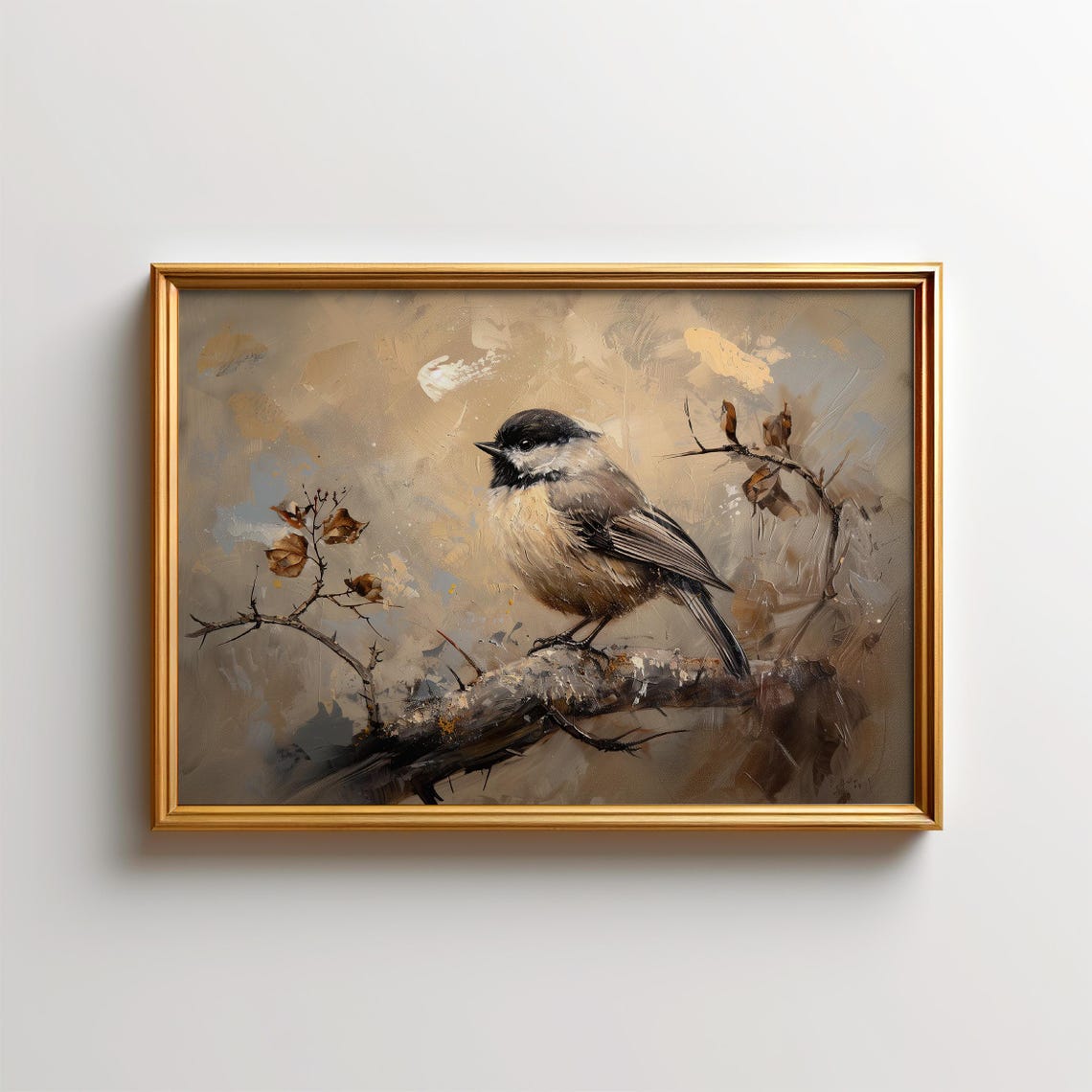 Chickadee Bird Painting Rustic Nature Wildlife Songbird Art Poster