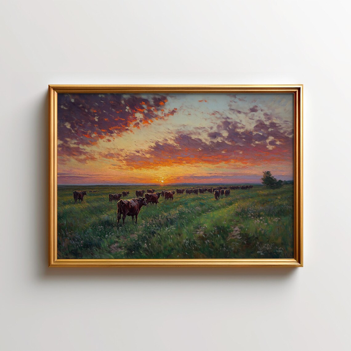 Cattle Painting Sunset Texas Landscape Art Print