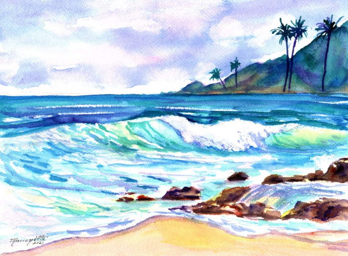 Kauai Beach Ocean Waves Palm Trees Rocky Shore Watercolor Art Print