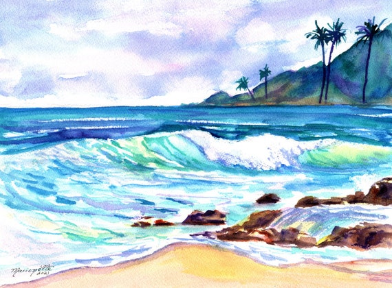 Kauai Wailua Beach Waves Art Print Hawaiian Paintings Kauai Seascapes Tropical Ocean Waves Hawaii Decor Royal Coconut Coast