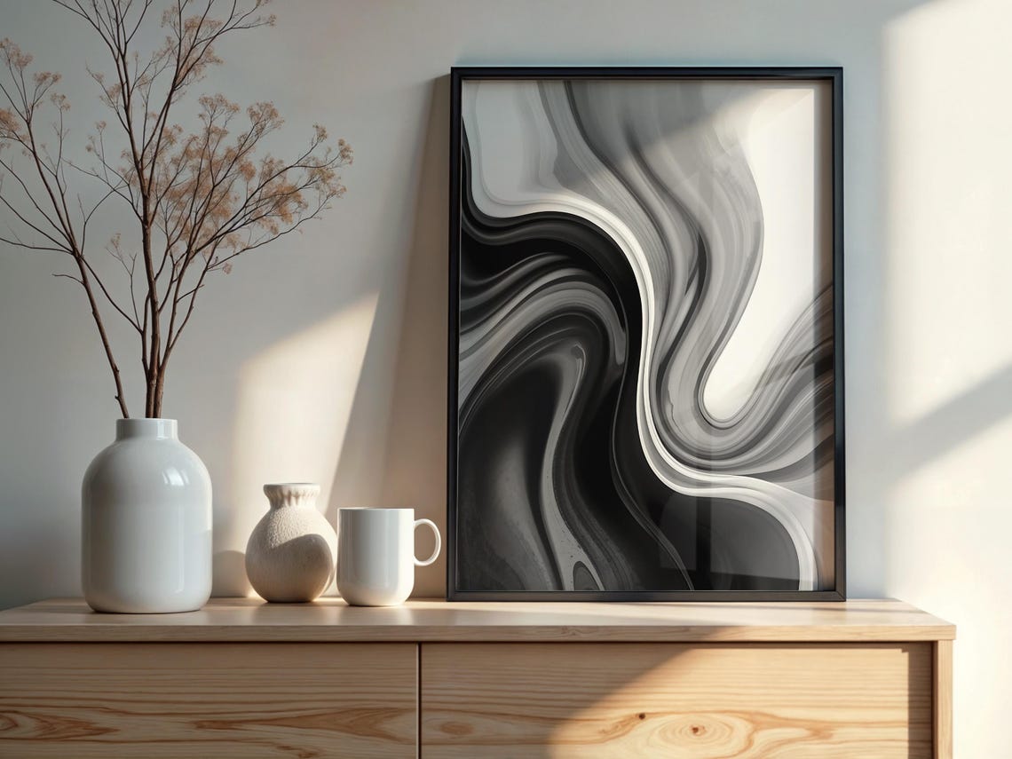 Black And White Abstract Marble Swirl Flowing Minimalist Poster