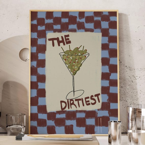 The Dirtiest Olive Martini Quote Print Funny Kitchen Oil Painting Wall Art Hand Drawn Retro Checkered Cocktail Poster Bar Cart Decor