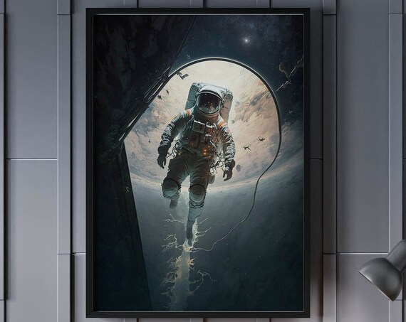 Astronaut Floating Through Space Ring Poster Earth View Sci Fi Artwork