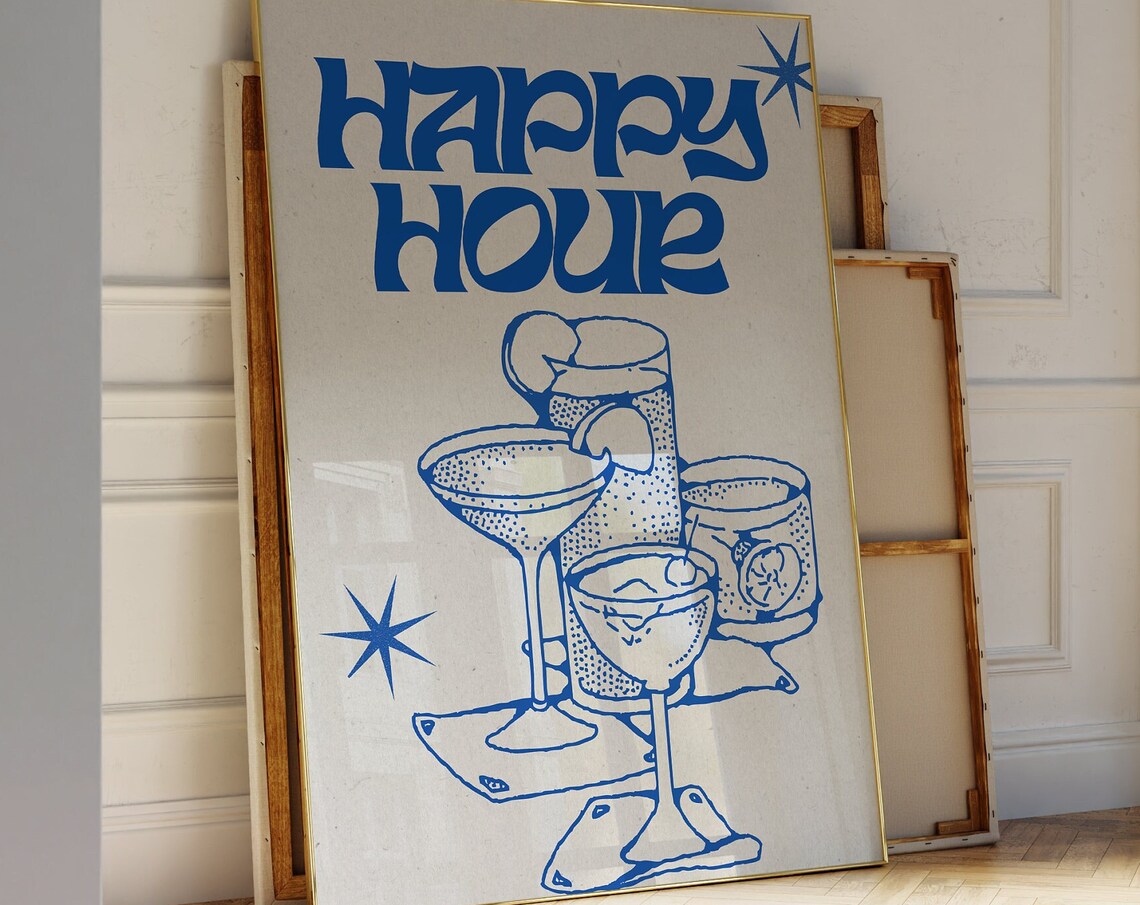 Happy Hour Cocktail Illustration, Retro Bar Art Print