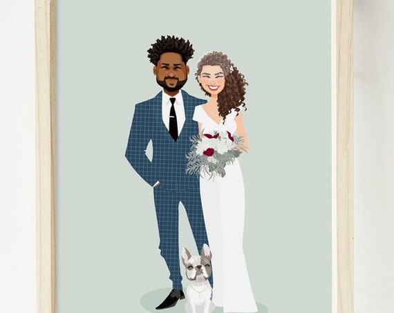 Custom Illustrated Wedding Portrait With French Bulldog Poster