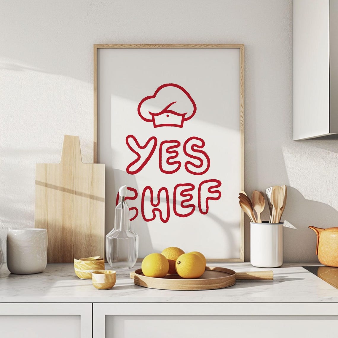 Yes Chef Red Chef Hat Bold Outline Trendy Kitchen Decor Poster