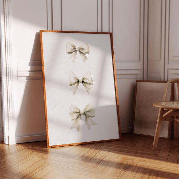 Beige Bow Wall Art Light Beige Watercolor Bows Print For Girls Room Decor Aesthetic Cute Apartment Decor Trendy Girly Coquette Wall Art