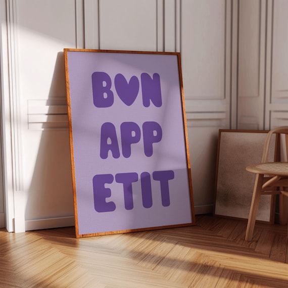 Bon App Etit Purple Bubble Letters French Kitchen Typography Poster