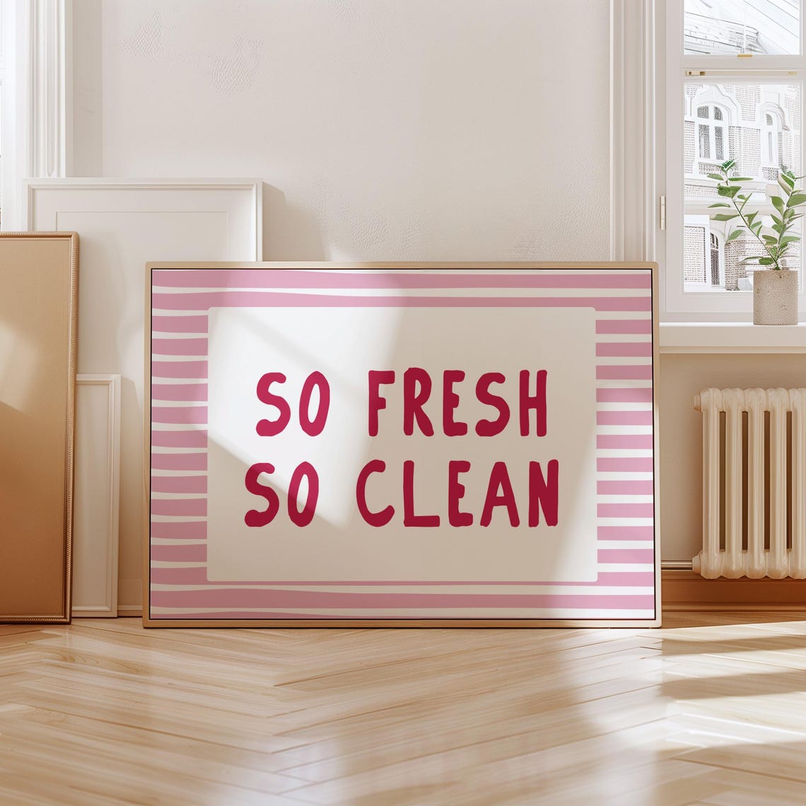 So Fresh So Clean Pink Striped Bathroom Typography Girly Wall Art