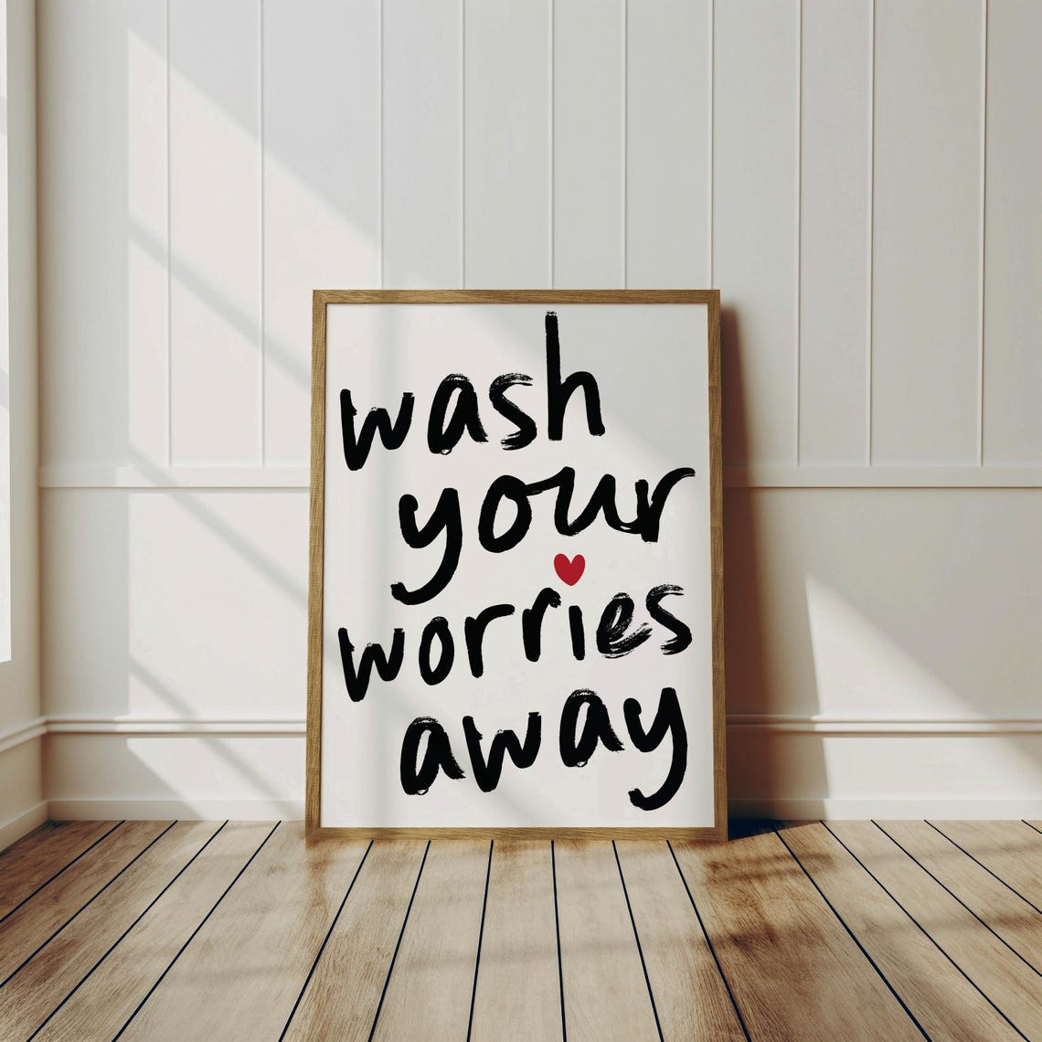 Wash Your Worries Away Brush Script Bathroom Poster With Red Heart - Image 3