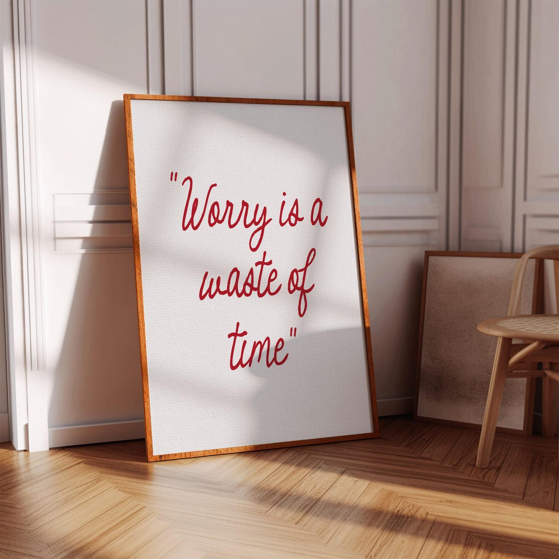 Worry Is a Waste of Time Red Script Affirmation Bedroom Decor Poster