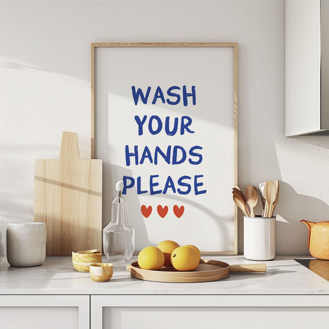 Wash Your Hands Please Blue Brush Hearts Bathroom Reminder Poster - Image 3