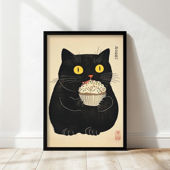 Funny Black Cat Licking Cupcake Japanese Woodblock Kitchen Art Poster