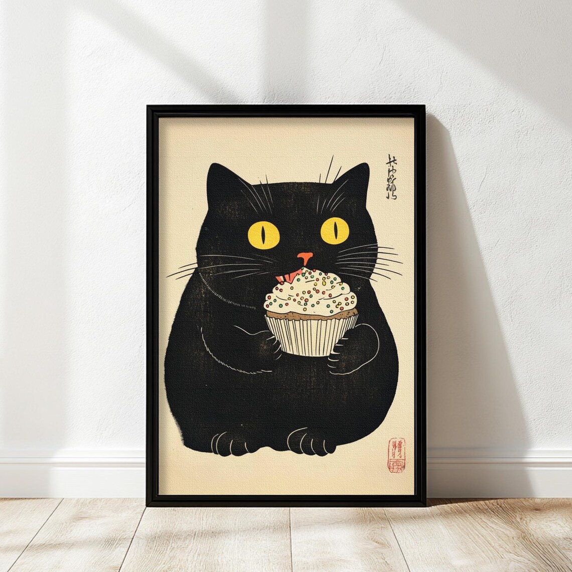 Vintage Cat Poster Funny Wall Art Kitchen Decor Black Japanese Inspired Unique Lover Gift Eating Cupcake