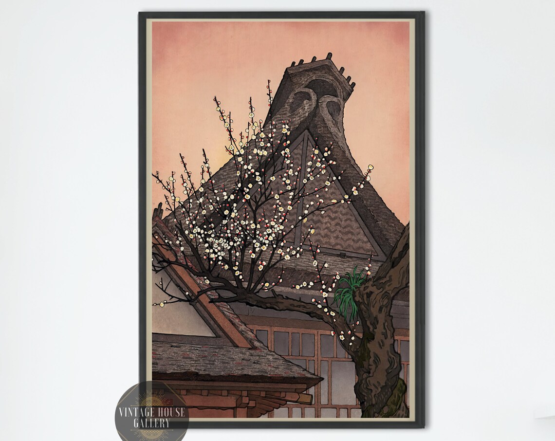 Blossoming Plum Tree Before Old Temple Roof at Sunset Poster