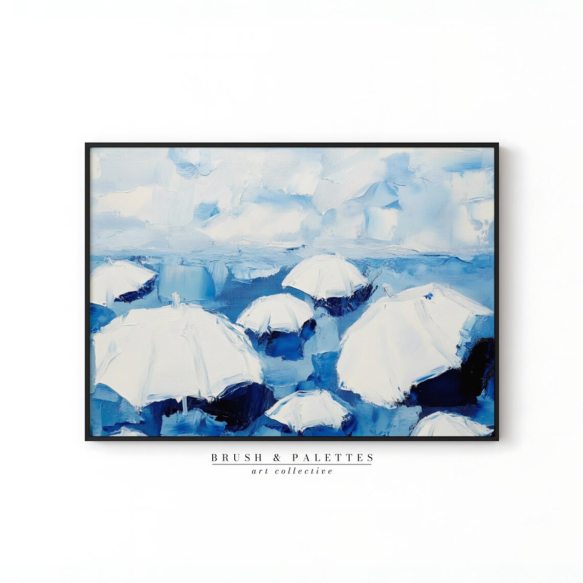 White Beach Umbrellas Painting Blue Ocean Impasto Coastal Poster