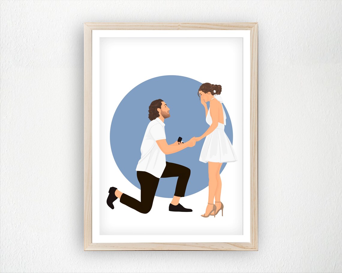 Custom Engagement Portrait Proposal Illustration, Couple Gift