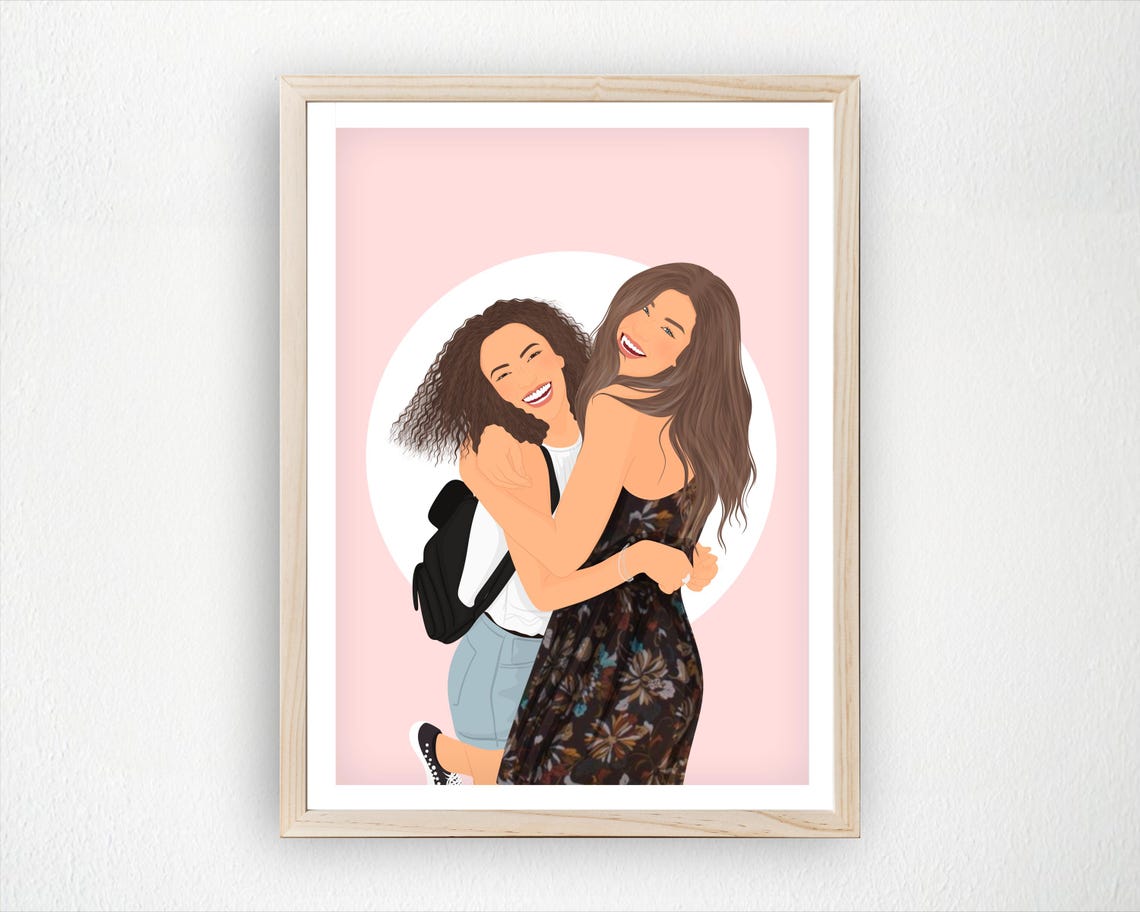 Custom Sweet Best Friend Portrait Two Women Hugging Gift Wall Art