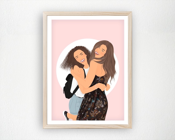 Custom Sweet Best Friend Portrait Two Women Hugging Gift Wall Art