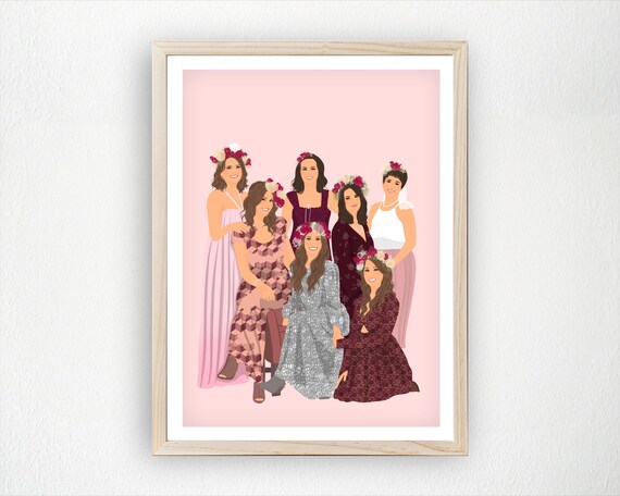 Custom Bridesmaid Portrait Flower Crown Girls Illustration Personalized Group Drawing Bridal Shower Gift Best Friends Wall Art