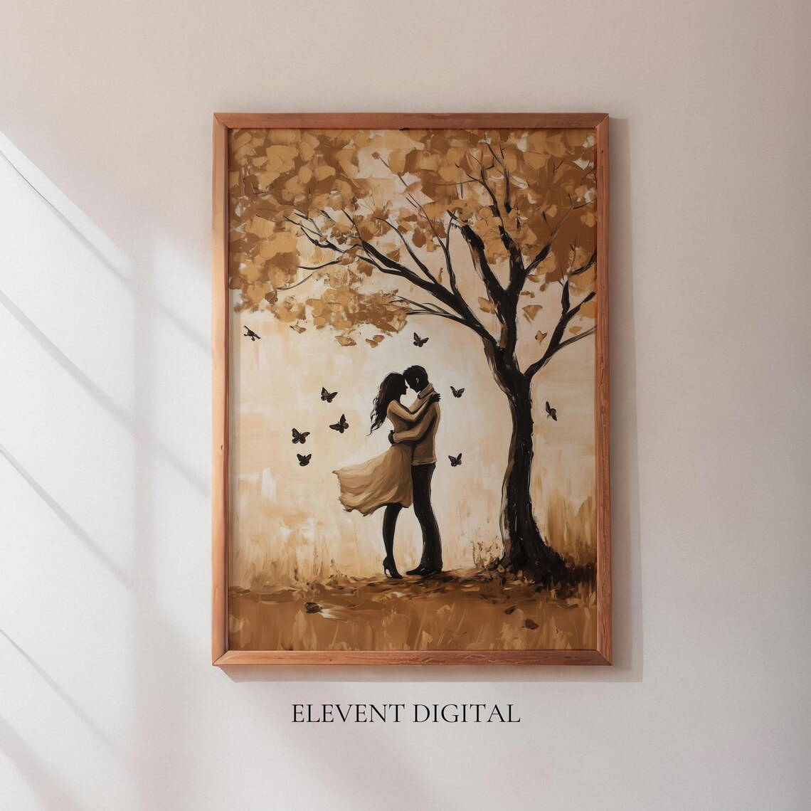 Autumn Couple Embrace Butterflies Golden Romantic Painting Wall Art
