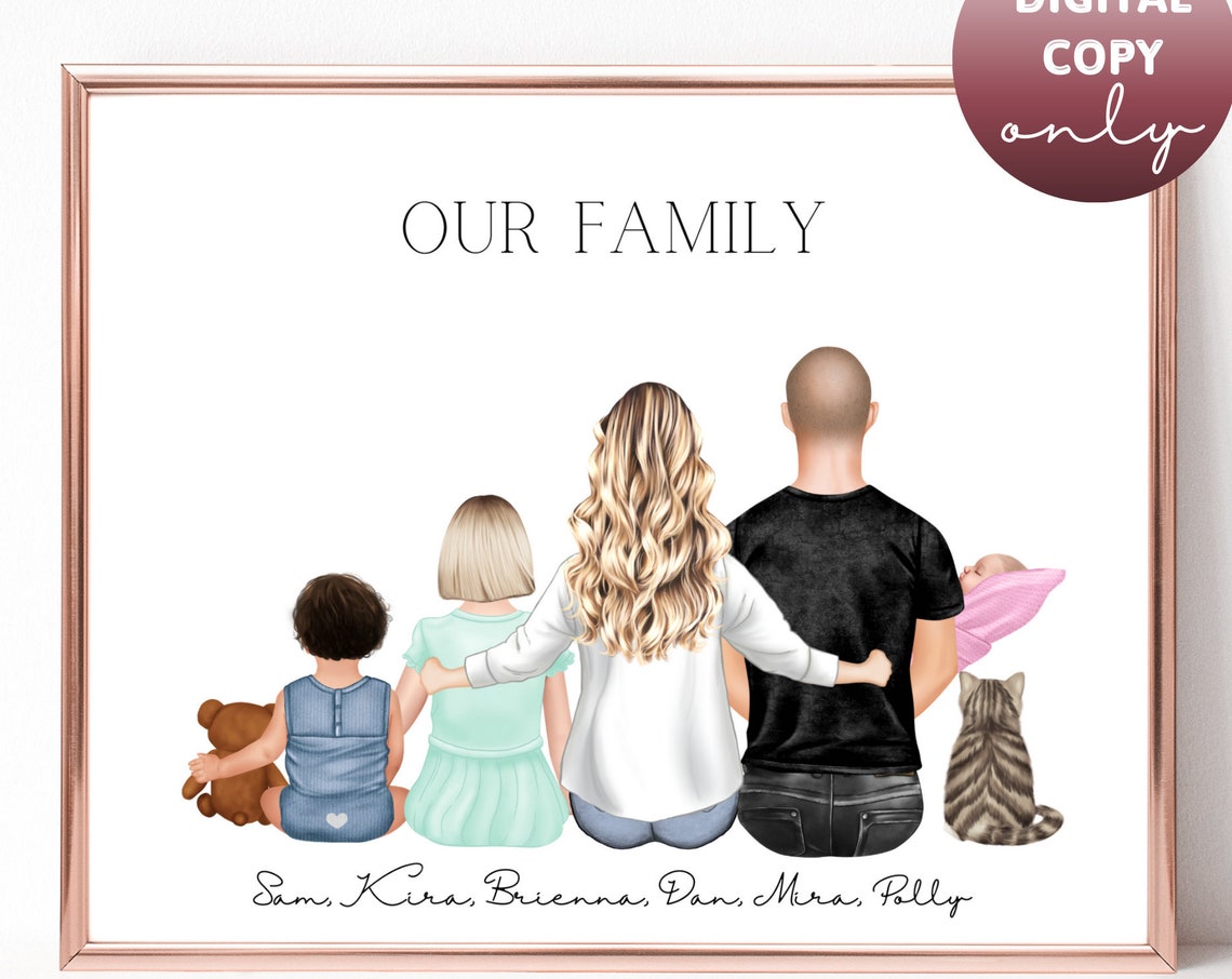 Our Family of Six Personalized Portrait Poster with Baby Cat and Teddy Bear