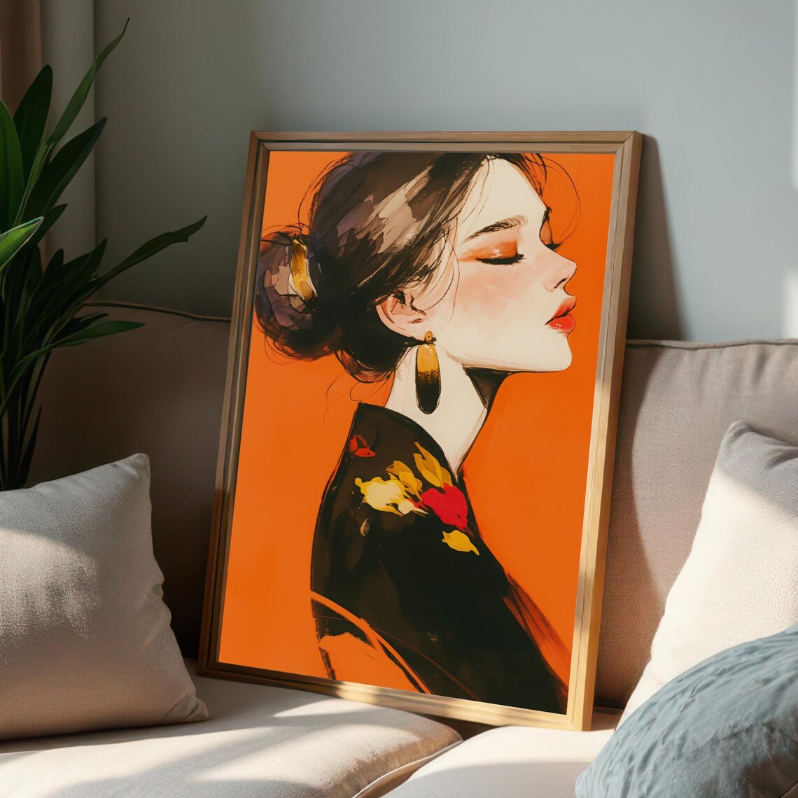 Elegant Woman on Orange Background Profile Illustration Art Poster