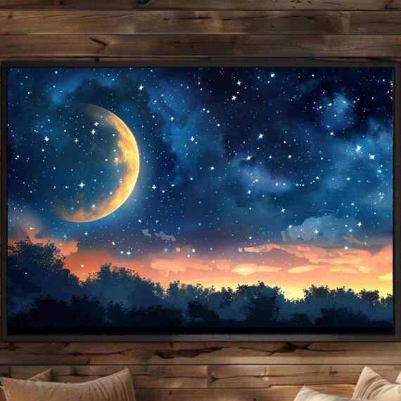 Moonlit Night Sky Framed Landscape Art Large Wall Art Oversized Horizontal Wall Decor Vintage Wall Decor Panoramic Wall Art