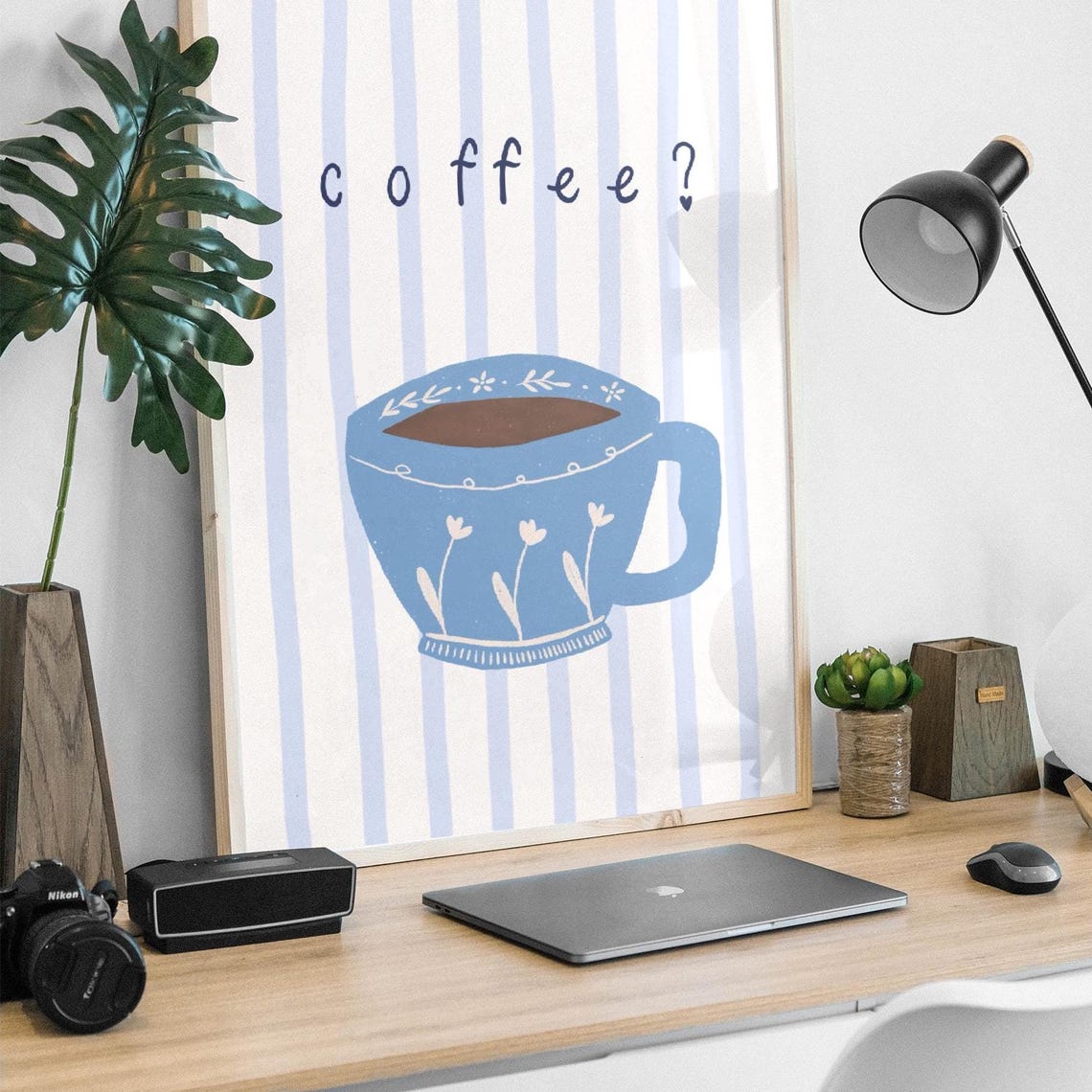 Coffee Question Blue Cup Floral Illustration Cute Kitchen Poster - Image 3