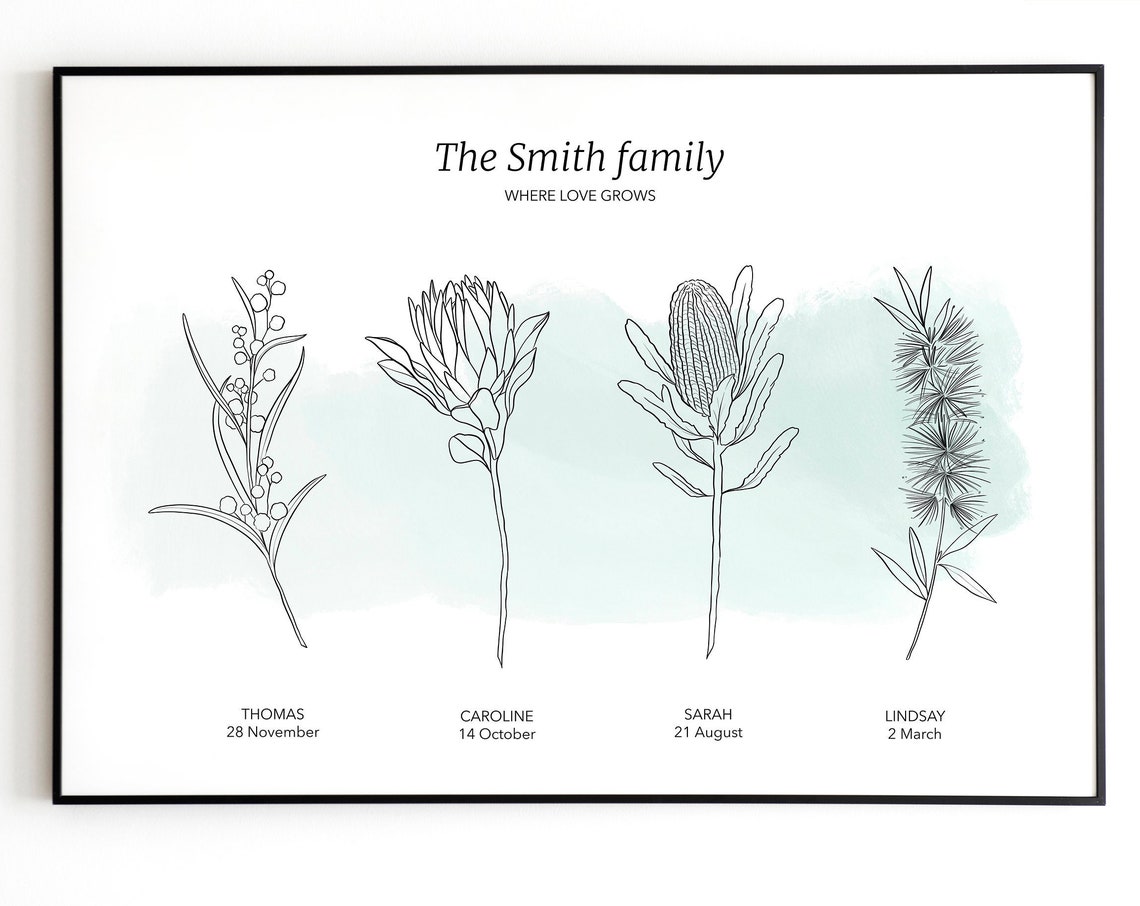 Family Birth Flower Line Art Print with Four Native Wildflower Stems