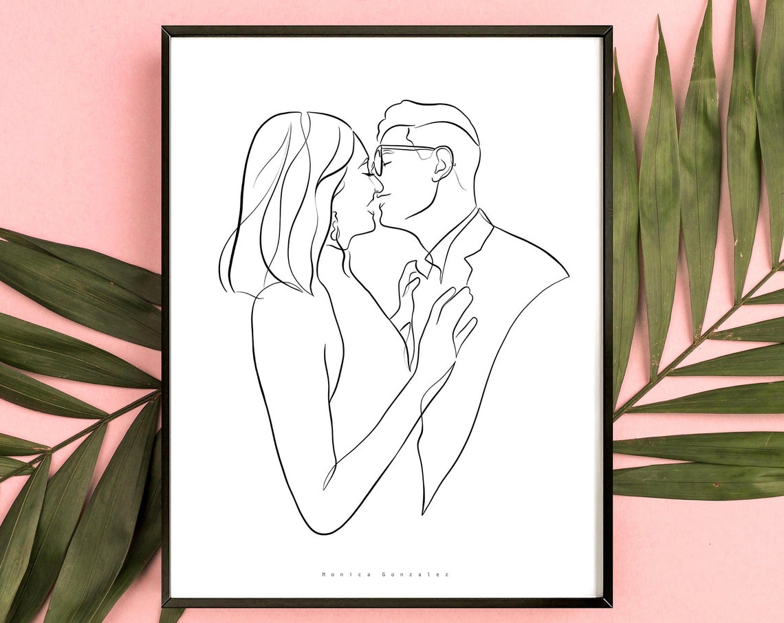 Romantic Couple Kiss Minimalist Line Art Portrait Poster Timeless
