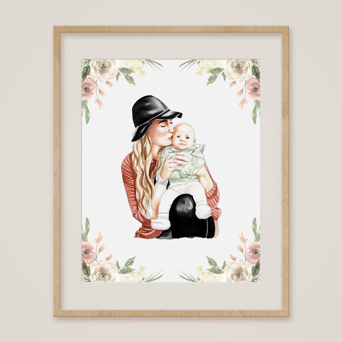 Custom Watercolor Mother and Baby First Mothers Day Portrait Poster