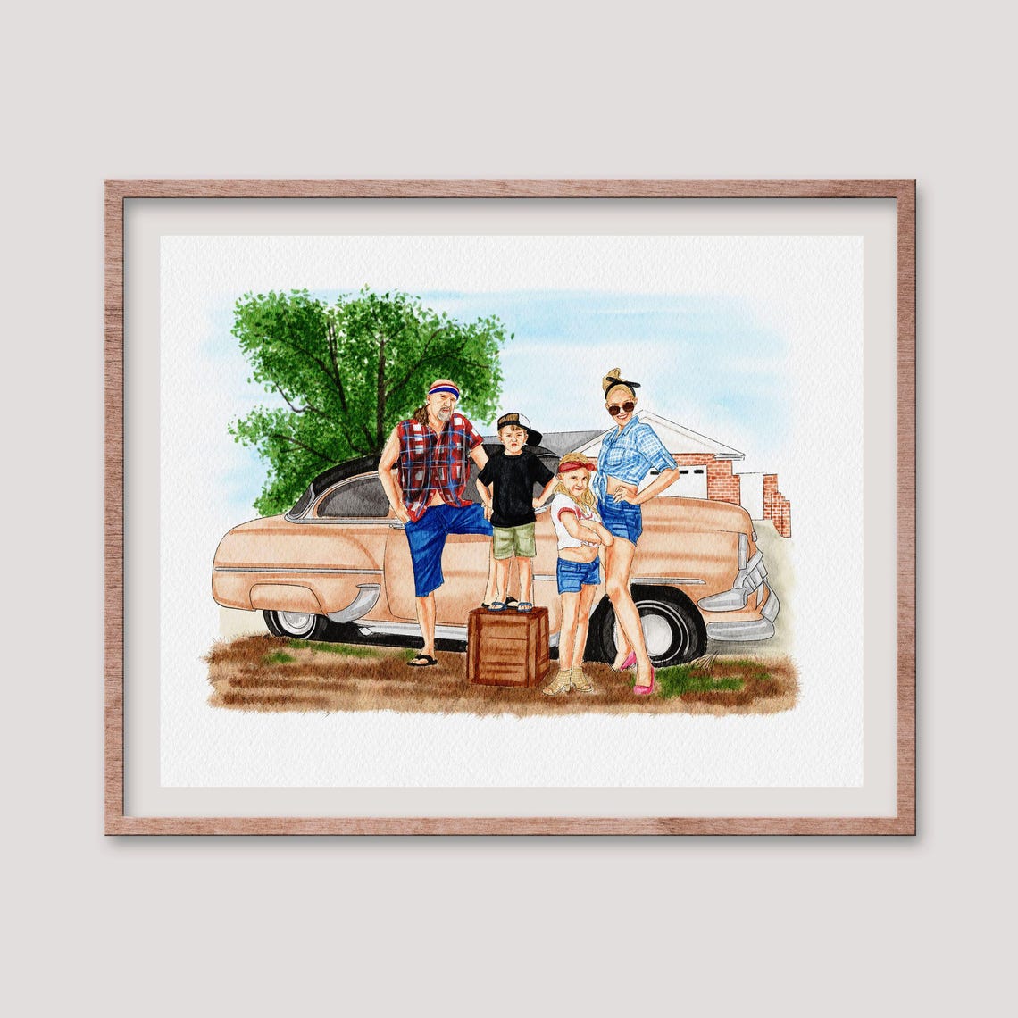 Classic Pink Car Family Photo Custom Illustration Poster Gift