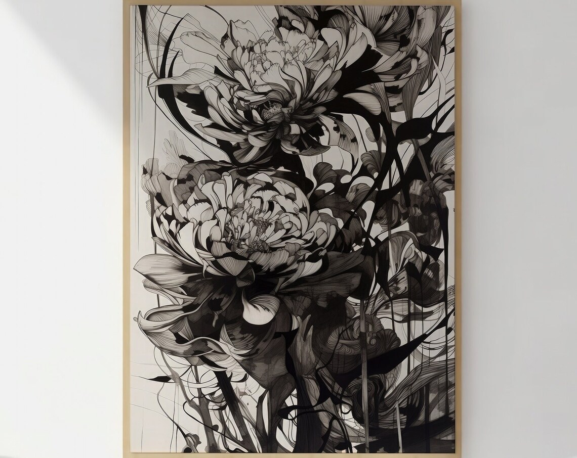 Neutral Monochrome Floral Ink Drawing Peony Botanical Wall Art