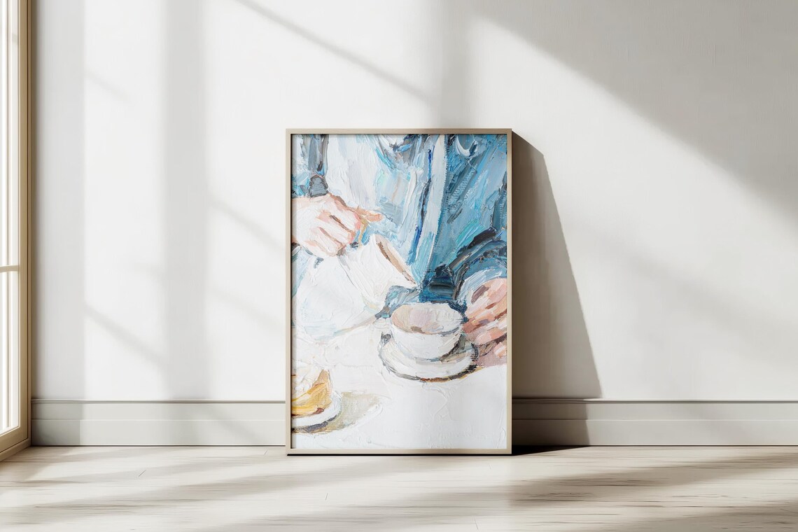 Pouring Tea Impressionist Oil Painting Cozy Kitchen Moment Poster