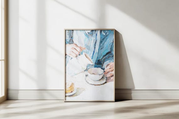 Tea Time Oil Painting Print Textured Art Impressionist Kitchen Wall Decor Cozy Morning Coffee Artwork