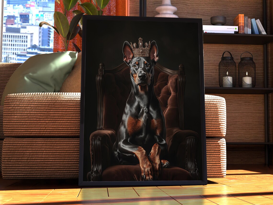 Dobermann Pinscher Royal Portrait Crowned King Dark Throne Poster