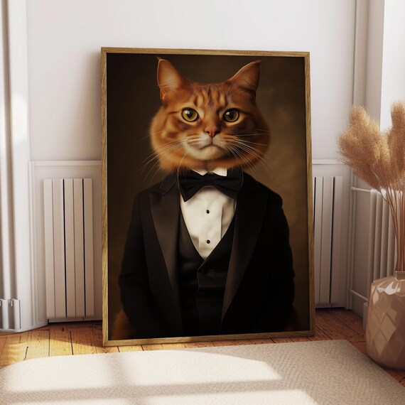 Ginger Cat Tuxedo Portrait Poster Dapper Orange Tabby With Bow Tie Pet Gift