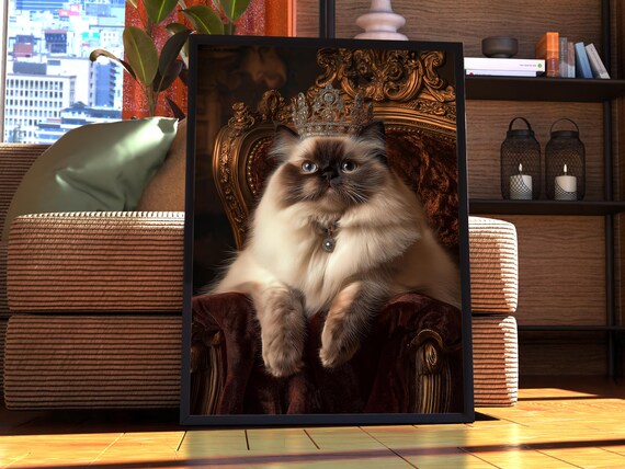 Fluffy Longhaired Cat Wearing a Crown on Throne Portrait Poster
