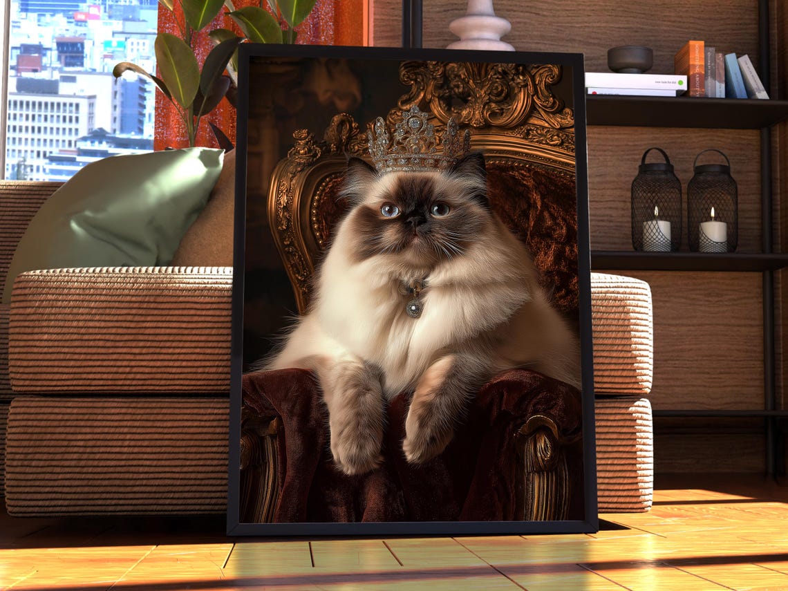 Fluffy Longhaired Cat Wearing a Crown on Throne Portrait Poster