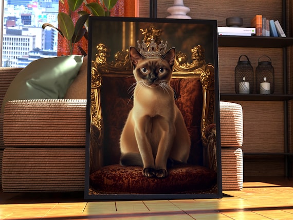 Siamese Cat Wearing a Crown on a Royal Throne Portrait Wall Art