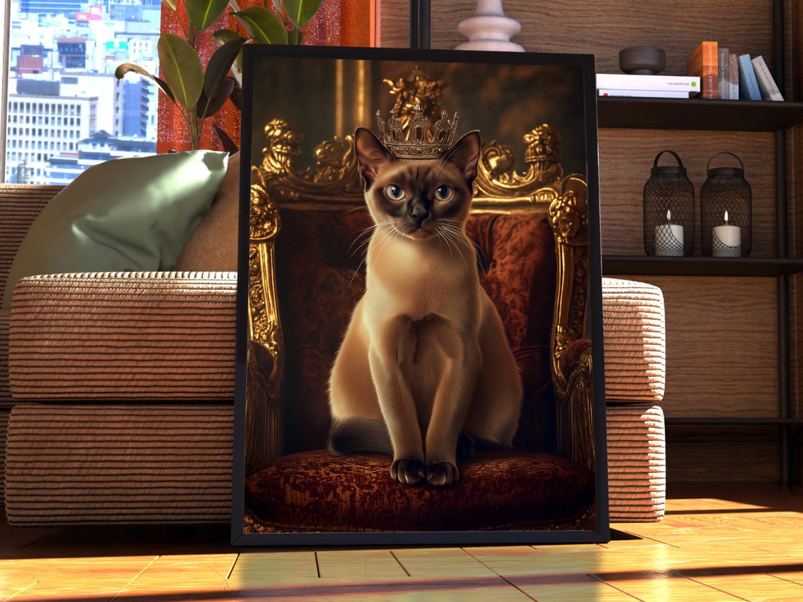 Siamese Cat Wearing a Crown on a Royal Throne Portrait Wall Art