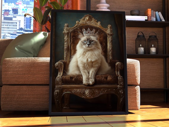 Royal Cat Portrait Poster Crowned Fluffy Cat on Golden Throne Room