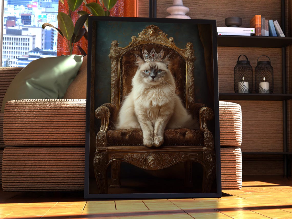 Royal Cat Portrait Poster Crowned Fluffy Cat on Golden Throne Room