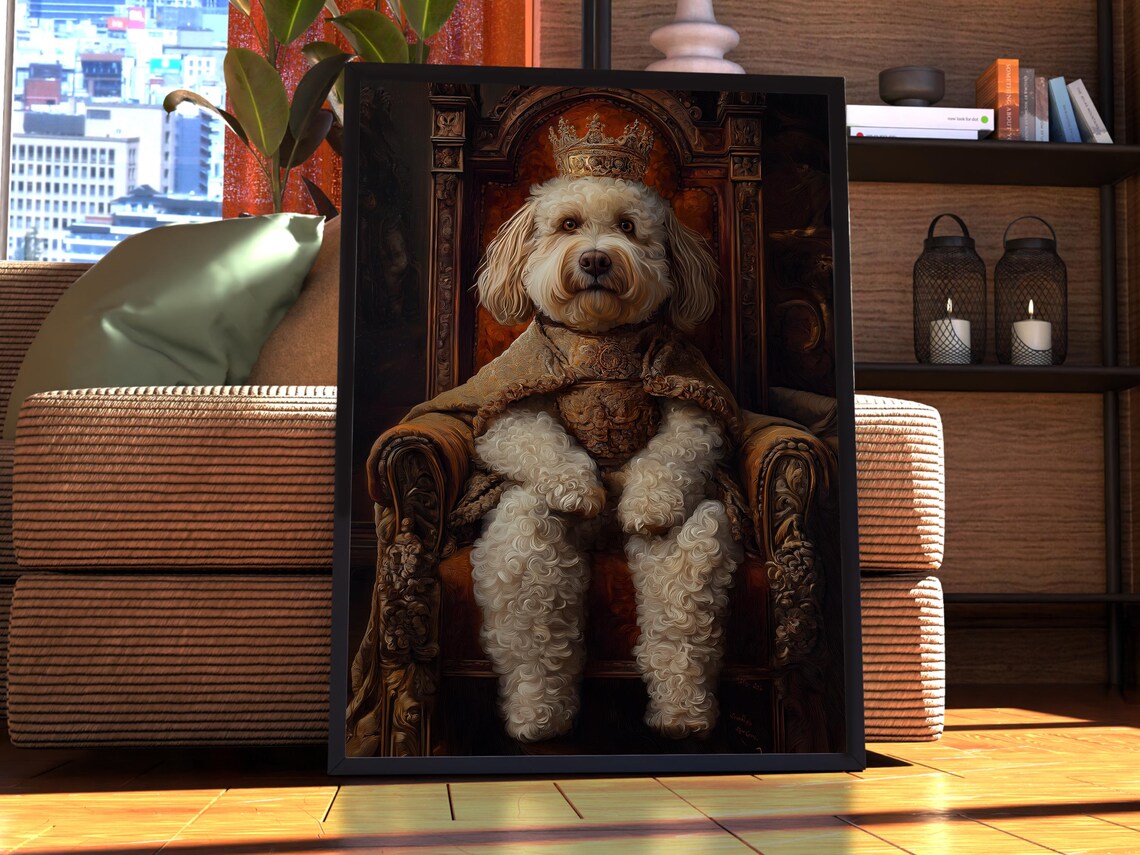 White Doodle Dog Royal Portrait Crown and Velvet Robe Wall Poster