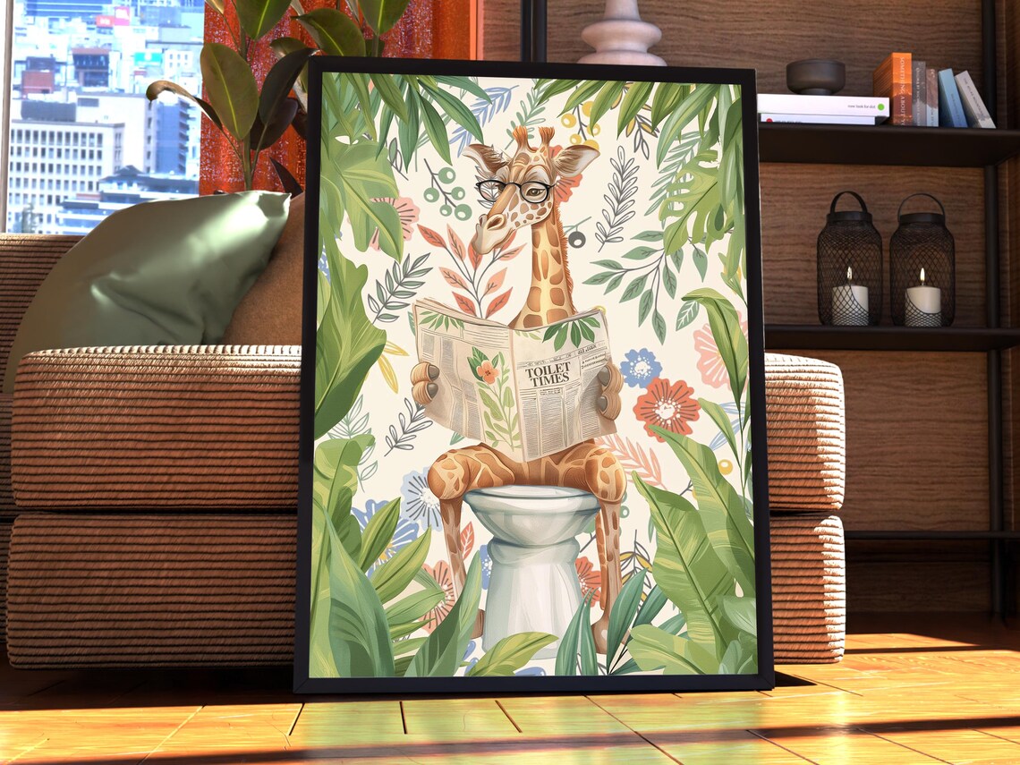 Giraffe on Toilet Reading Newspaper Funny Bathroom Animal Poster